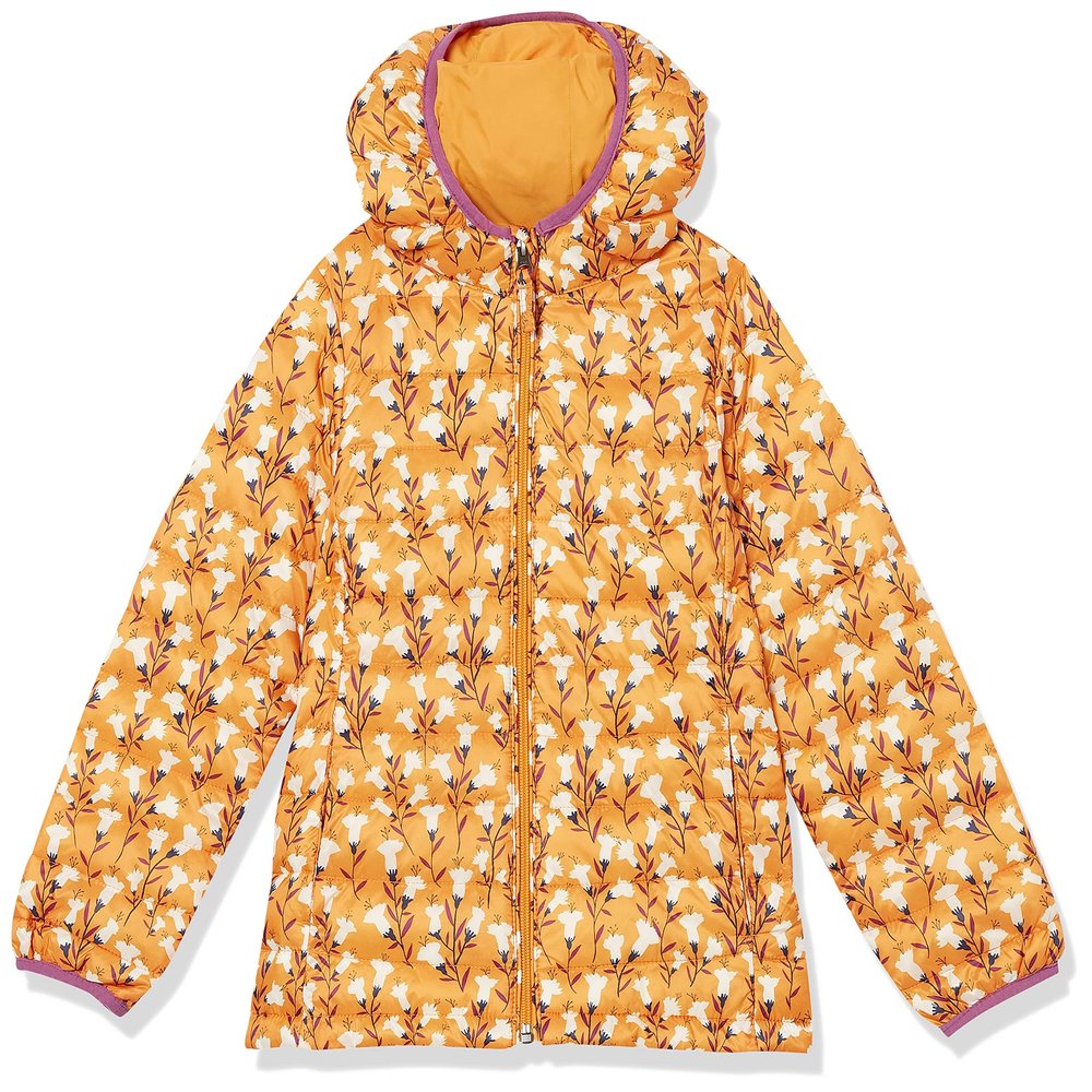 Amazon Essentials Girls' Lightweight Water-Resistant Packable Hooded Puffer Jacket, Yellow Floral, Large