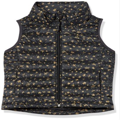 Amazon Essentials Girls' Lightweight Water-Resistant Packable Puffer Vest, Black Stars, Large