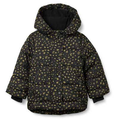 Amazon Essentials Girls' Heavyweight Hooded Puffer Coat, Water-Resistant, Black Stars, X-Large