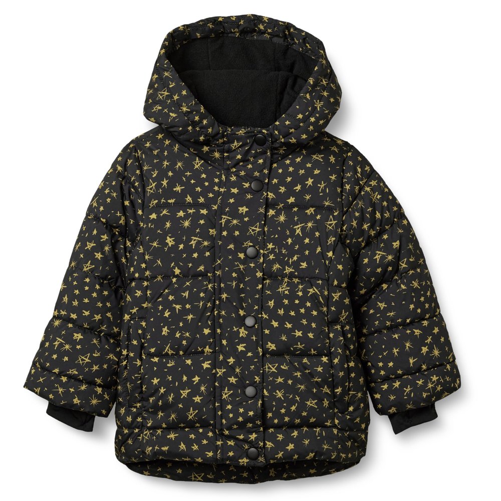 Amazon Essentials Girls' Heavyweight Hooded Puffer Coat, Water-Resistant, Black Stars, X-Large