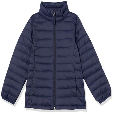 Amazon Essentials Toddler Girls' Lightweight Water-Resistant Packable Mock Puffer Jacket, Navy, 2T