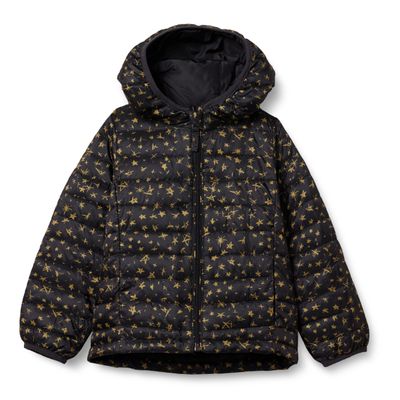 Amazon Essentials Girls' Lightweight Water-Resistant Packable Hooded Puffer Jacket, Black Stars, X-Large