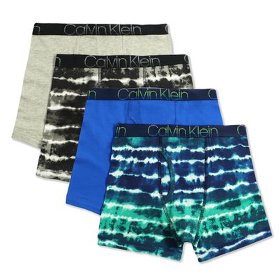 Calvin Klein Kids Boys' Modern Cotton Boxer Brief Underwear 4-Pack, Cool Tiedye/Victoria Blue/Black Tiedye/Heather Grey, Small