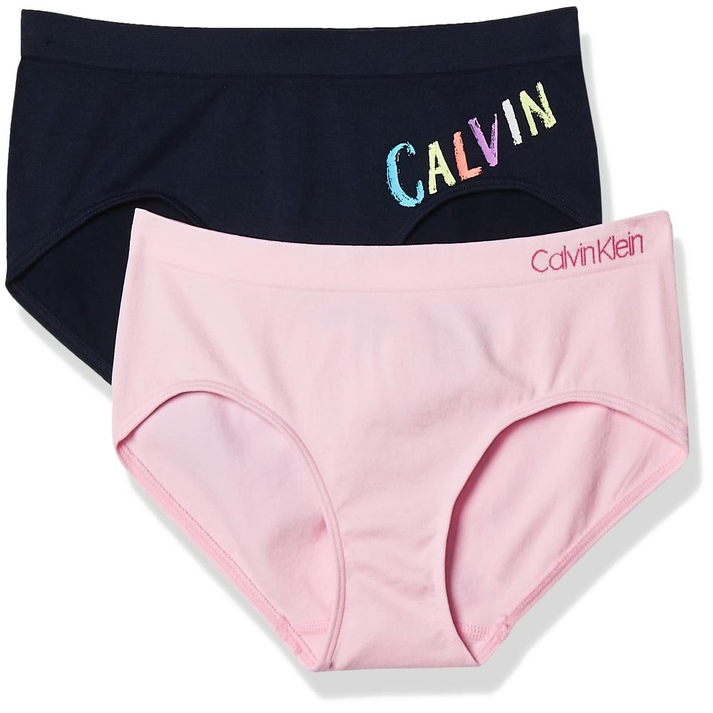 Calvin Klein Kids Girls' Seamless Hipster Underwear 2-pack, Chalk Navy/Pink, Small