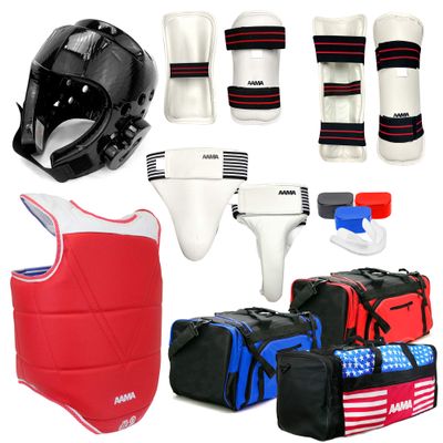 AAMA Complete Taekwondo Sparring Protective Gear Equipment Set w/ Shin Guard - Black
