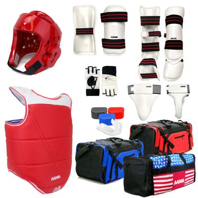 AAMA Complete Taekwondo Sparring Protective Gear Equipment Set w/Shin Instep and Hand Protector Glove - Red