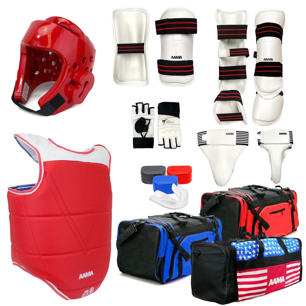 AAMA Complete Taekwondo Sparring Protective Gear Equipment Set w/Shin Instep and Hand Protector Glove - Red