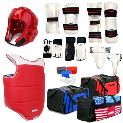 AAMA Complete Taekwondo Sparring Protective Gear Equipment Set w/Shin, Hand, and Foot Guard - Red