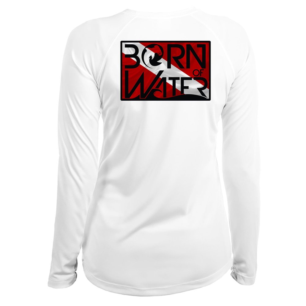 Circling Hammerhead Shark Dive Flag Shirt: Women's UV UPF+ 50 Long Sleeve - White - S