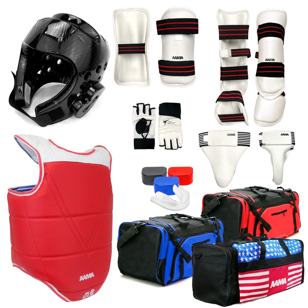AAMA Complete Taekwondo Sparring Protective Gear Equipment Set w/Shin Instep and Hand Protector Glove - Black