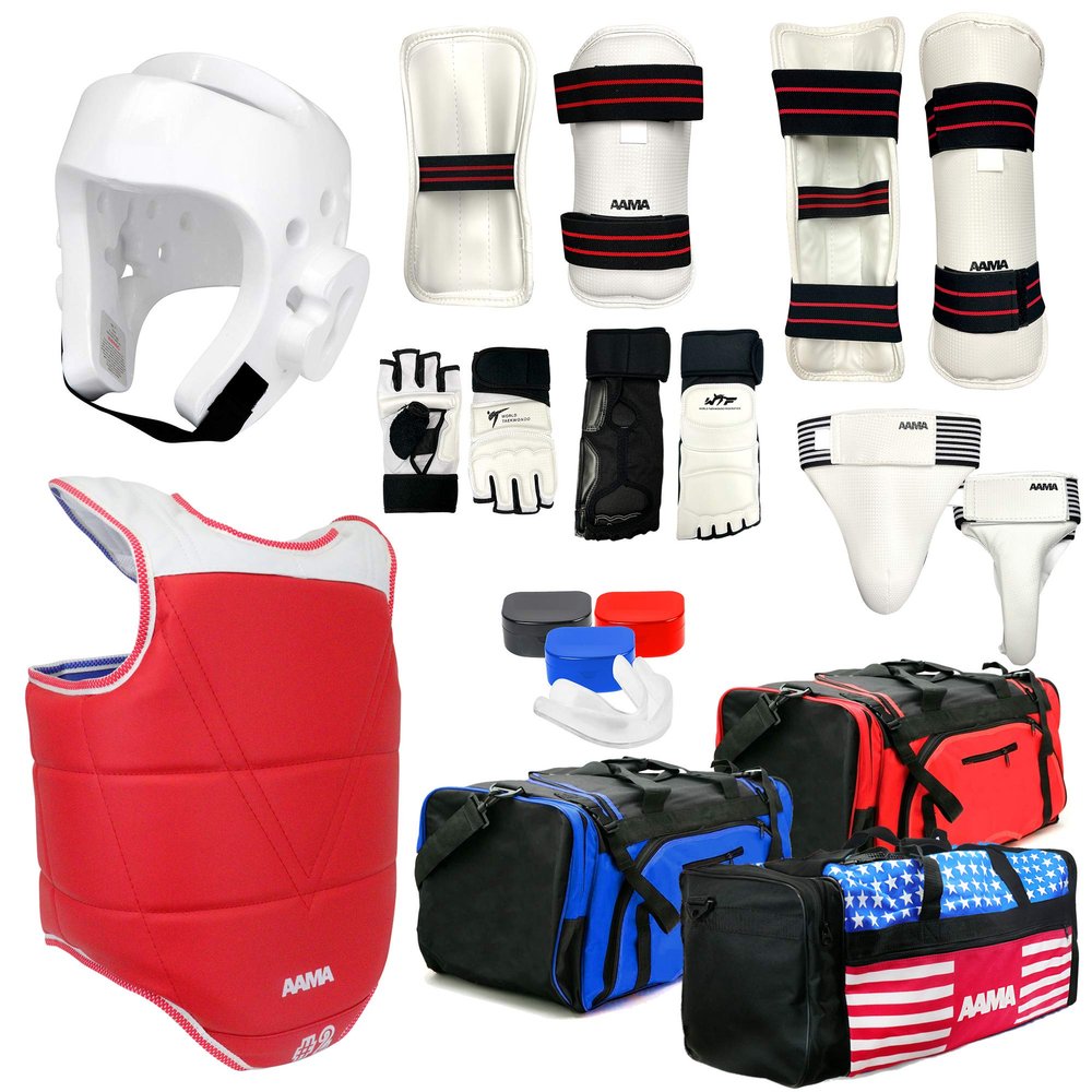 AAMA Complete Taekwondo Sparring Protective Gear Equipment Set w/Shin, Hand, and Foot Guard - White