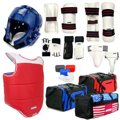 AAMA Complete Taekwondo Sparring Protective Gear Equipment Set w/Shin, Hand, and Foot Guard - Blue