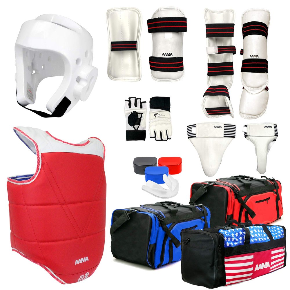 AAMA Complete Taekwondo Sparring Protective Gear Equipment Set w/ Shin Instep and Hand Protector Glove - White