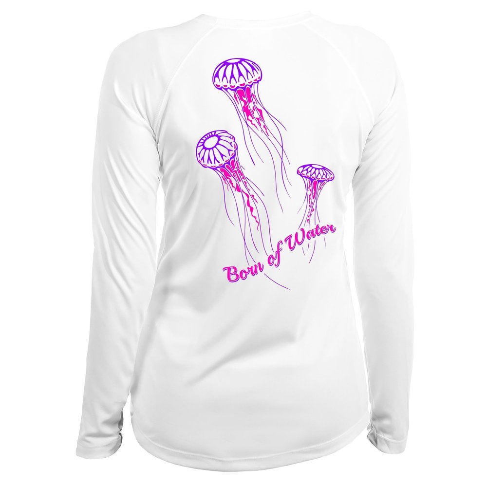 Born of Water Jellyfish Scuba Diving Shirt: Women's UV UPF+ 50 Long Sleeve - White - S