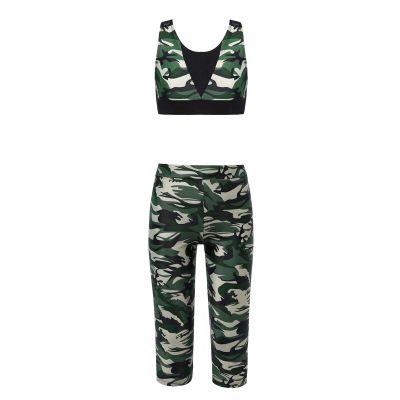 Kaerm Kids Girls Athletic Tracksuit Gymnastics Workout Activewear Cut Out Sport Crop Top Pants Outfits Camouflage Green 14 Years
