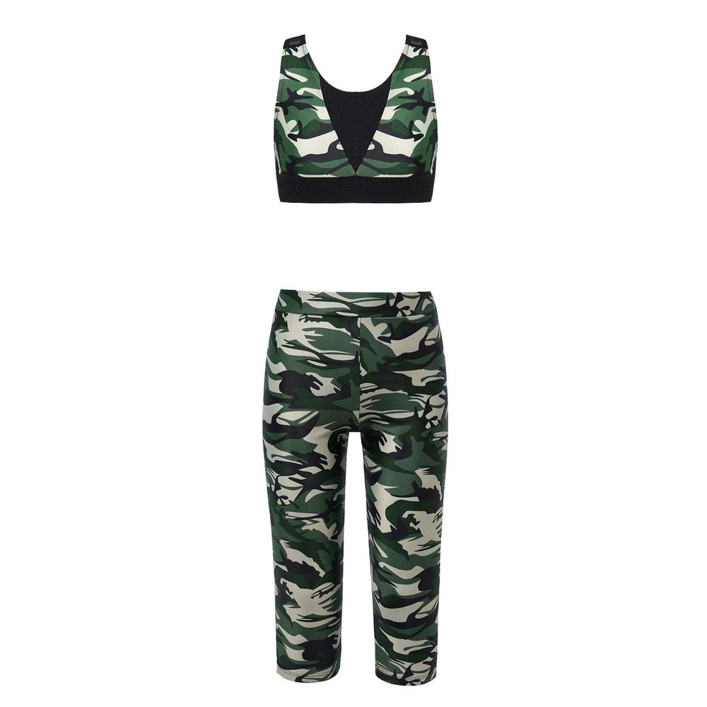 Kaerm Kids Girls Athletic Tracksuit Gymnastics Workout Activewear Cut Out Sport Crop Top Pants Outfits Camouflage Green 14 Years