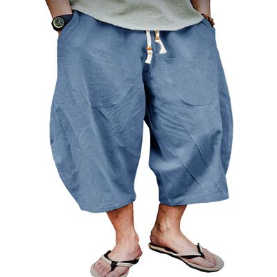 EKLENTSON Mens Long Shorts Cotton Linen Pants for Men Casual Beach Yoga Capri Pants Lounge Baggy Trousers, Light Blue, 38