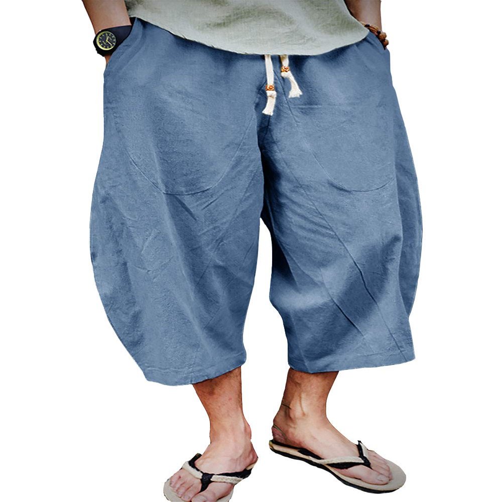 EKLENTSON Mens Long Shorts Cotton Linen Pants for Men Casual Beach Yoga Capri Pants Lounge Baggy Trousers, Light Blue, 38