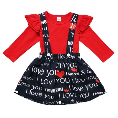 XFGLCK Toddler Baby Girls Valentines Day Outfit Ruffle Long Sleeve Shirt Tops +Heart Print Suspender Skirt 2Pcs Set (Red+Black, 18-24 Months)