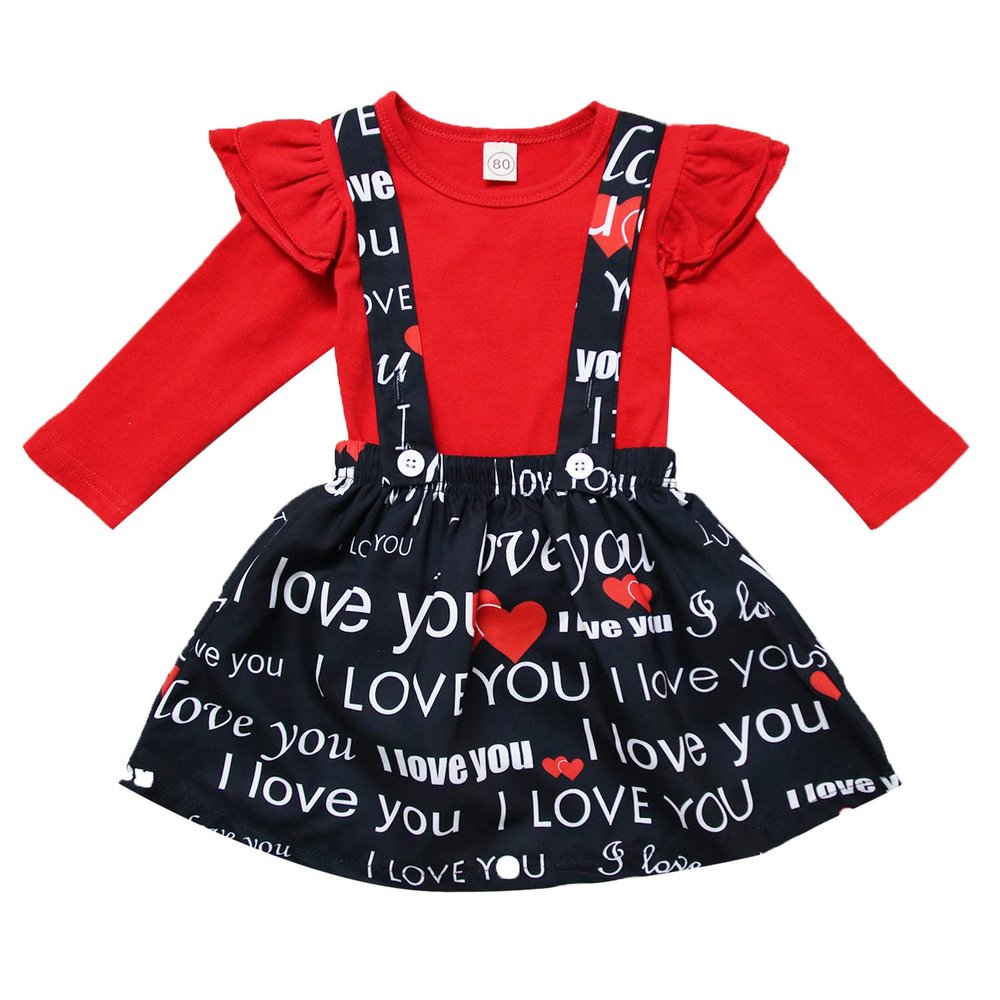 XFGLCK Toddler Baby Girls Valentines Day Outfit Ruffle Long Sleeve Shirt Tops +Heart Print Suspender Skirt 2Pcs Set (Red+Black, 18-24 Months)