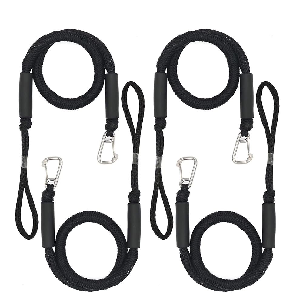 Bungee Dock Lines, Boat Ropes for Docking,Mooring Rope with Stainless Steel Clip - Accessories for Boats, PWC, Kayak, Watercraft,Jet Ski, Pontoon, Canoe, Power Boat Black 4-Pack