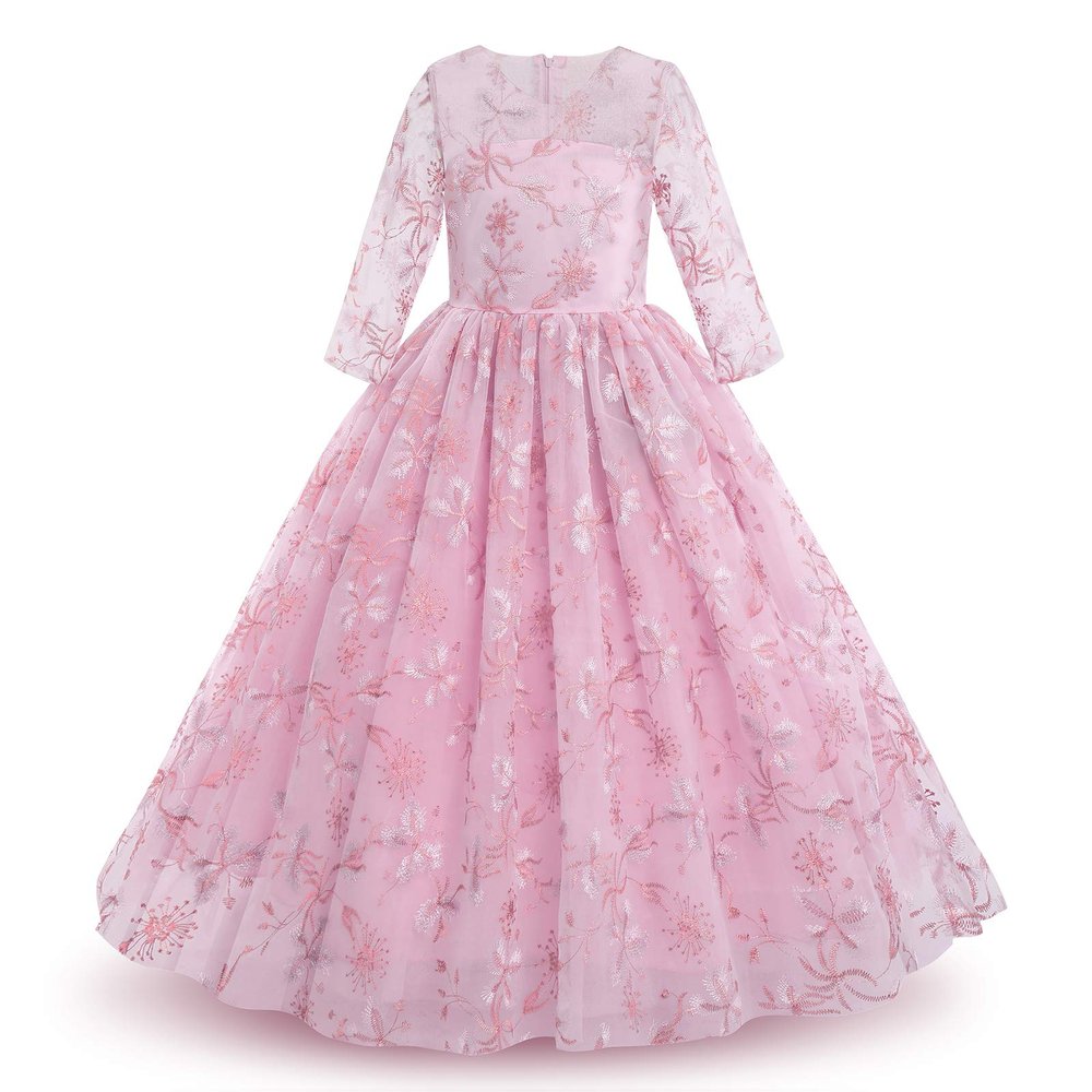 Embroidered Floral Flower Girl Lace Dress for Kids Wedding Bridesmaid Pageant Party Prom Formal Ball Gown Princess Tulle Dresses for Casual Photography Photoshoot Dusty Pink 3-4T