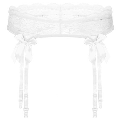 ACSUSS Men Sheer Lace Suspenders Sissy Lingerie Bowknot Elastic Waistband Garter Belt for Stockings White OneSize