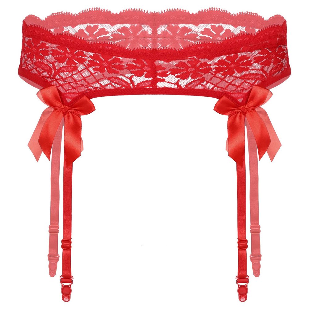 ACSUSS Men Sheer Lace Suspenders Sissy Lingerie Bowknot Elastic Waistband Garter Belt for Stockings Red OneSize