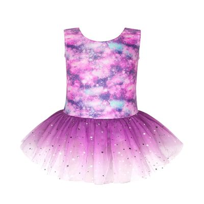 EQSJIU Skirted leotards with skirt for girls gymnastics Purple cloud 7-8 7/8 years old galaxy dance dresses white gradient colors stars