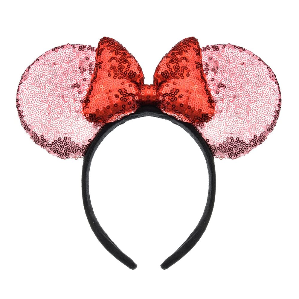 A Miaow 3D Black Mouse Sequin Ears Headband MM Glitter Butterfly Hair Clasp Park Supply Adults Women Photo Accessory (Pink and Red)