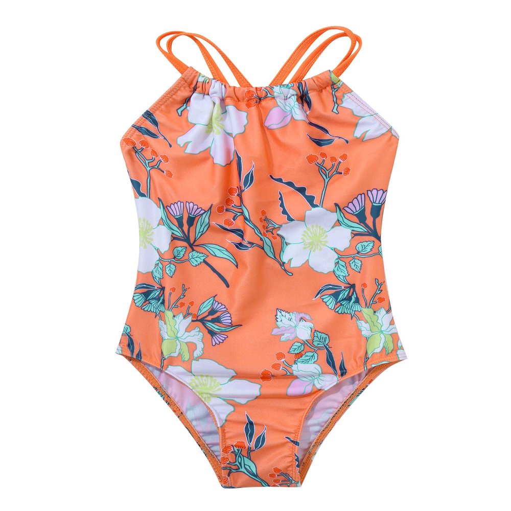 YONGHS Toddler Baby Girls One Piece Bikini Swimsuits Printed Swimwear Jumpsuits Summer Beach Bathing Suits Orange 14