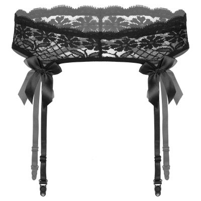 ACSUSS Men Sheer Lace Suspenders Sissy Lingerie Bowknot Elastic Waistband Garter Belt for Stockings Black OneSize
