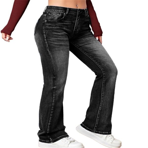 Andongnywell Womens Mid Rise Slim Stretch Bell Bottom Denim Pants Skinny Fit Wide Leg Flared Jeans Trousers (Black,XX-Large)