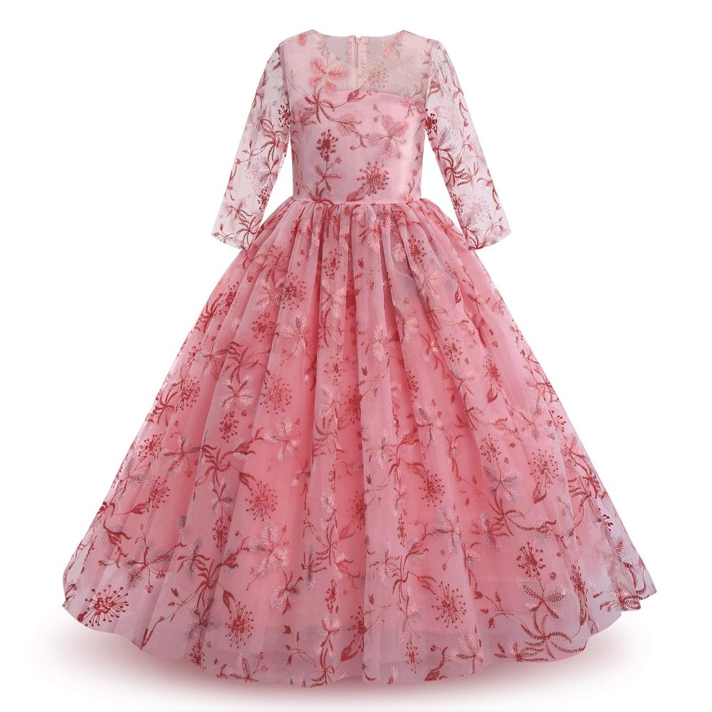 Little Big Girl Flower Tulle Dress Princess Pageant Birthday Party Wedding Formal Floor Long Dance Evening Maxi Gown Cameo Brown 11-12 Years