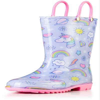Puddle Play Waterproof Purple Unicorn PVC Rain Boots Easy-On Handles - Size 11 Little Kid