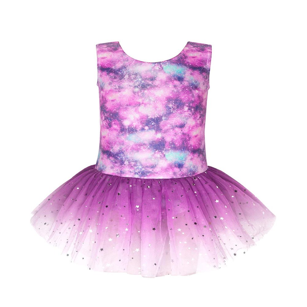 EQSJIU Gymnastics dress for kids skirted leotards purple clouds galaxy fancy tulle skirts size 9-10 years old colorful stars