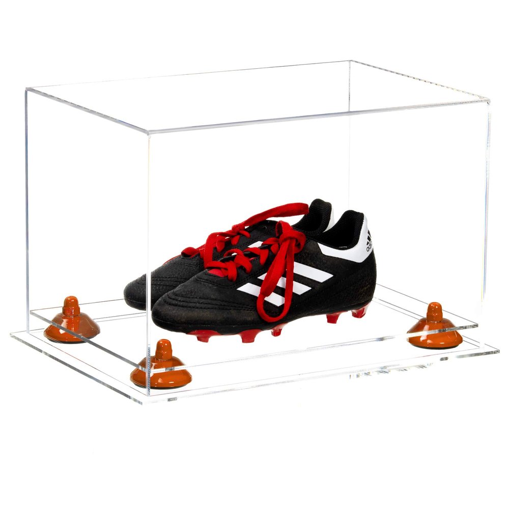 Better Display Cases Acrylic Kids Shoes Display Case - Medium Rectangle Box with Clear Case, Orange Risers and Clear Base 12" x 8.25" x 8" (A004, V41)