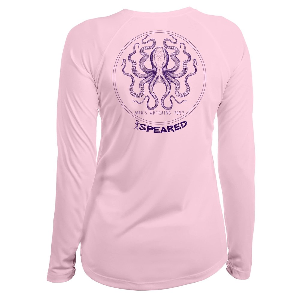 Spearfishing Octopus UV T-Shirt: UPF 50+ Long Sleeve Womens Sun Protection, Quick Dry Rash Guard Tee for Scuba Diving, Fishing, Swim, Outdoors: The Kraken: Pink - L