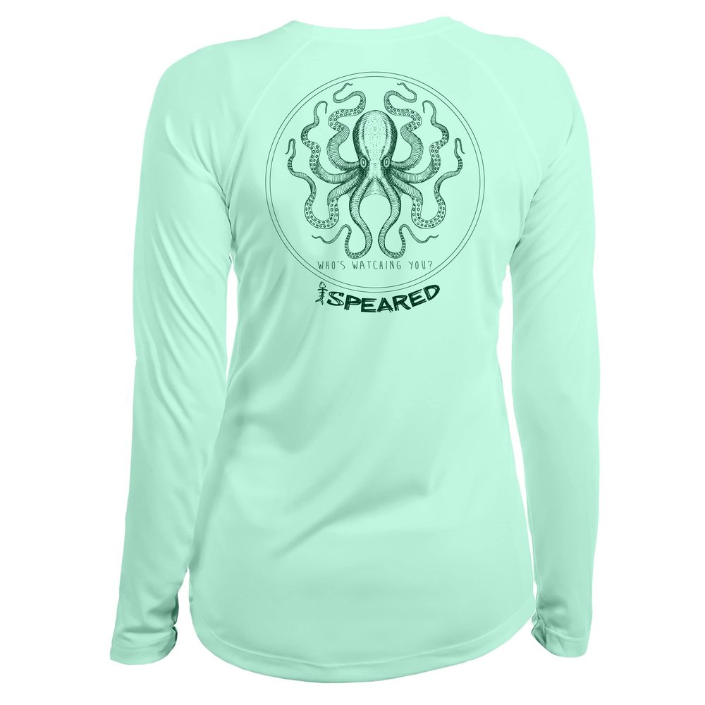 Spearfishing Octopus UV T-Shirt: UPF 50+ Long Sleeve Womens Sun Protection, Quick Dry Rash Guard Tee for Scuba Diving, Fishing, Swim, Outdoors: The Kraken: Seagreen - M