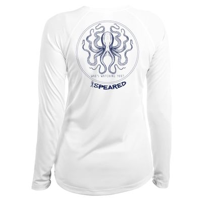 Spearfishing Octopus UV T-Shirt: UPF 50+ Long Sleeve Womens Sun Protection, Quick Dry Rash Guard Tee for Scuba Diving, Fishing, Swim, Outdoors: The Kraken: White - S