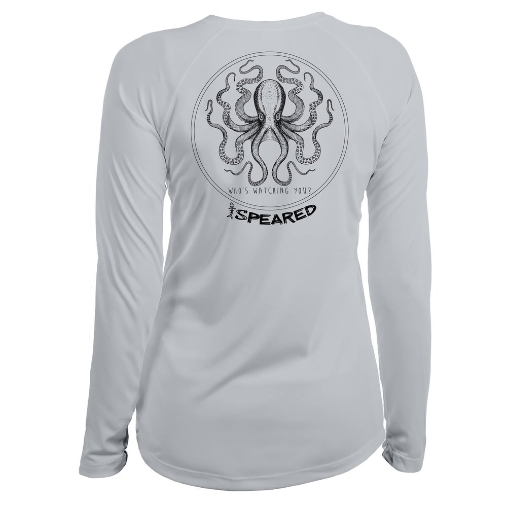 Spearfishing Octopus UV T-Shirt: UPF 50+ Long Sleeve Womens Sun Protection, Quick Dry Rash Guard Tee for Scuba Diving, Fishing, Swim, Outdoors: The Kraken: Lt. Gray - 2XL
