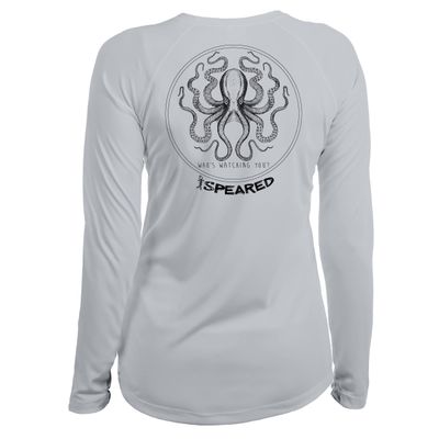 Spearfishing Octopus UV T-Shirt: UPF 50+ Long Sleeve Womens Sun Protection, Quick Dry Rash Guard Tee for Scuba Diving, Fishing, Swim, Outdoors: The Kraken: Lt. Gray - XL