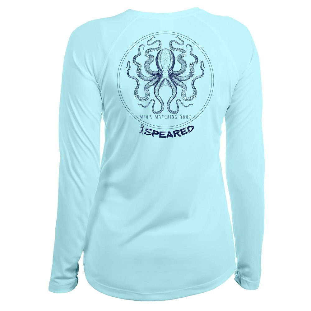 Spearfishing Octopus UV T-Shirt: UPF 50+ Long Sleeve Womens Sun Protection, Quick Dry Rash Guard Tee for Scuba Diving, Fishing, Swim, Outdoors: The Kraken: Lt. Blue - XL