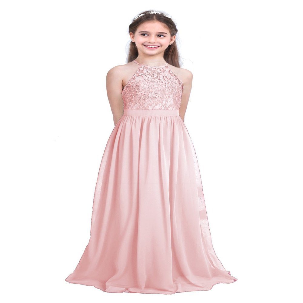 Loyan Girls Sleeveless Halter Lace Chiffon Flower Girl Bridesmaid Dress for Pageant Wedding Party Pearl Pink 10