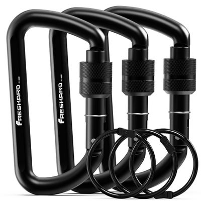 FresKaro Carabiner Clip, Locking and Small Carabiners, Heavy Duty Carbineers, Key and Keychain Clips, Black Karabiner 3inch, Screw Lock Caribiniers, Aluminum, with 3PCS Eyelet Ring, 3 Pack