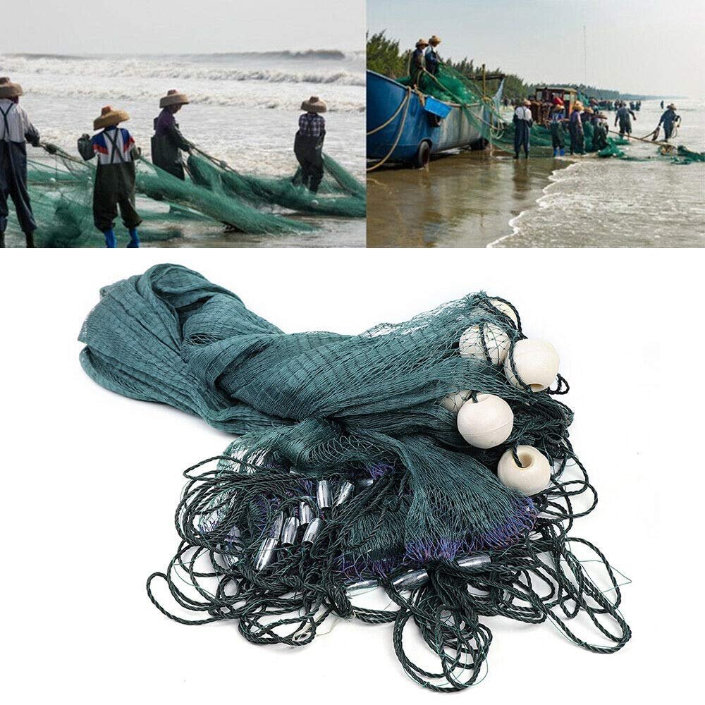 DYRABREST Green Fishing Gill Nets Hand Made Beach Seine Drag Nets Fishing Equipment Trammel Net with PVC Foam Float Bobbers and Lead Sinkers (3x20M(10x65FT))