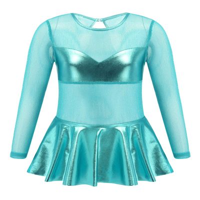 easyforever Girls See-Through Long Sleeve Keyhole Back Ruffle Dance Leotards Jumpsuit Latin Ballet Dancewear Lake Green 12