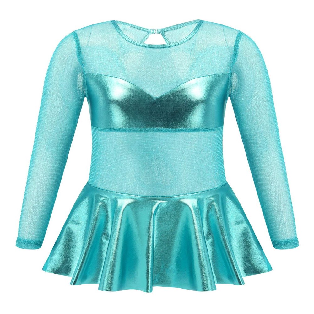 easyforever Girls See-Through Long Sleeve Keyhole Back Ruffle Dance Leotards Jumpsuit Latin Ballet Dancewear Lake Green 12