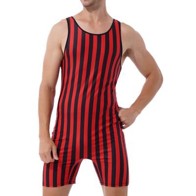 ACSUSS Mens Striped Wrestling Singlet Boxer Bodysuit Weight Lifting Stretchy Leotard Shapewear Red&Black Medium