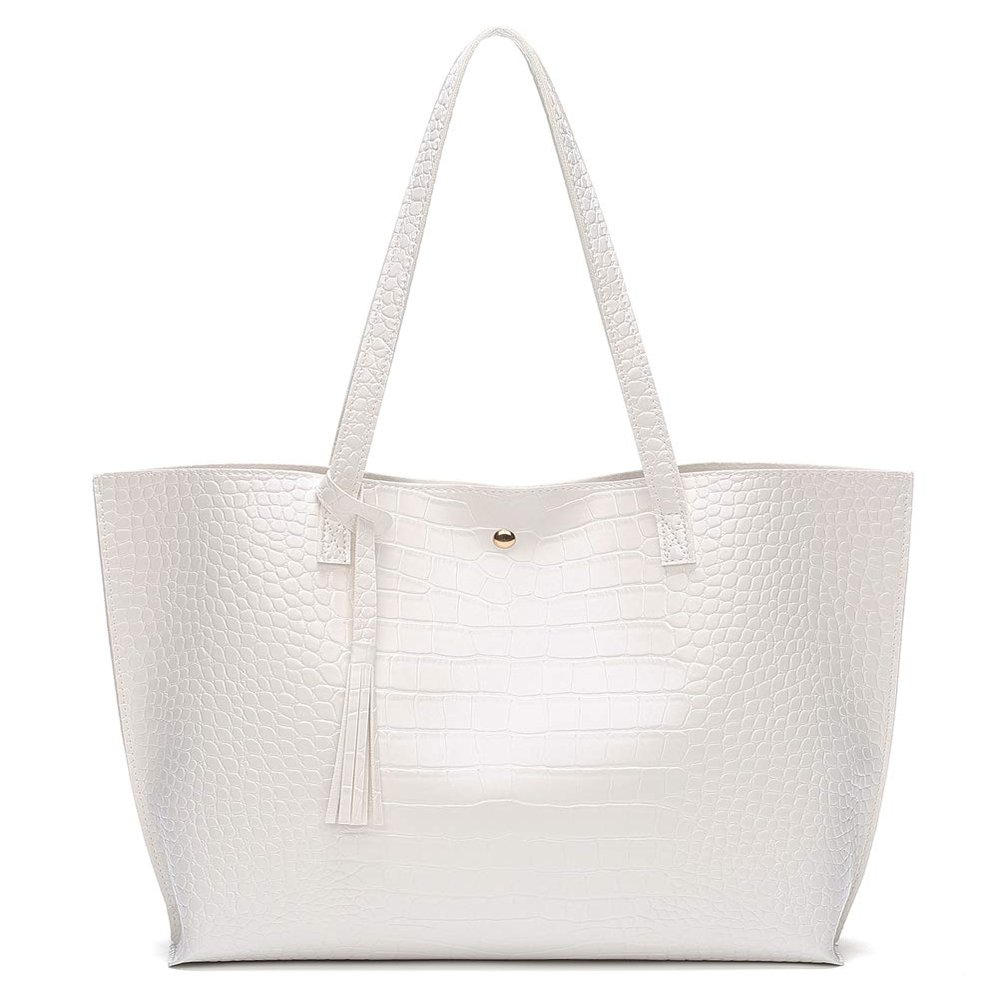 Dreubea Women's Soft Faux Leather Tote Shoulder Bag from, Big Capacity Tassel Handbag White-cro